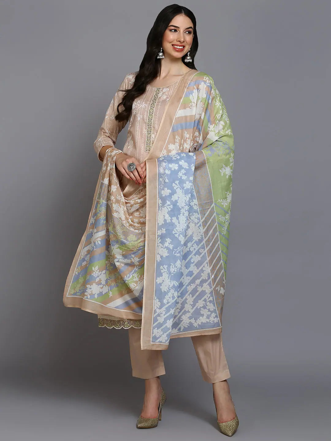 Cotton Blend Nude Printed Straight Kurta Pant-VKSKD1882_XS