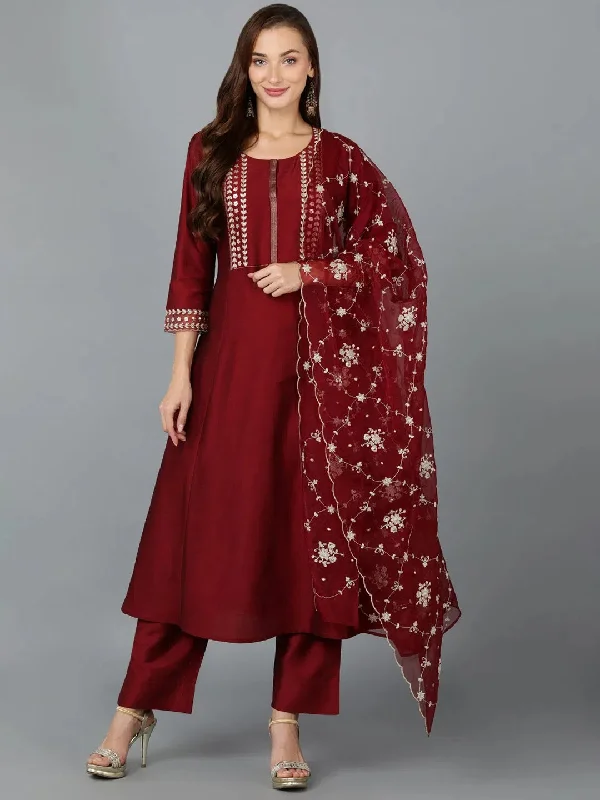 Silk Blend Maroon Embroidered Anarkali Festive wear