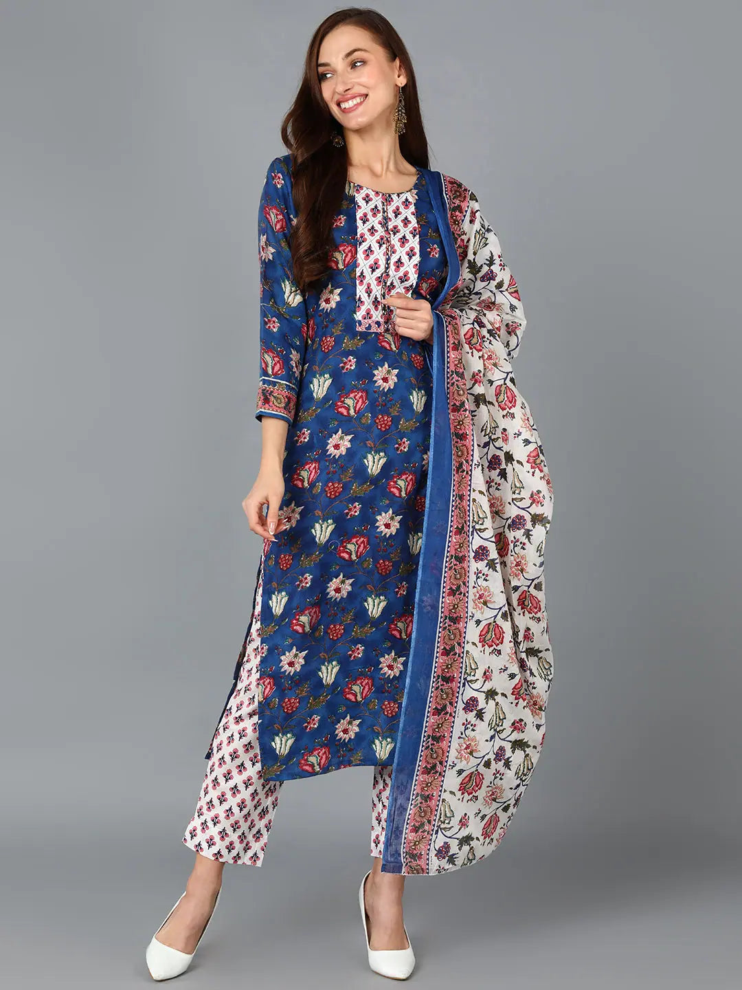 Ahika Women Blue Cotton Blend Floral Printed-VKSKD1238A_XS