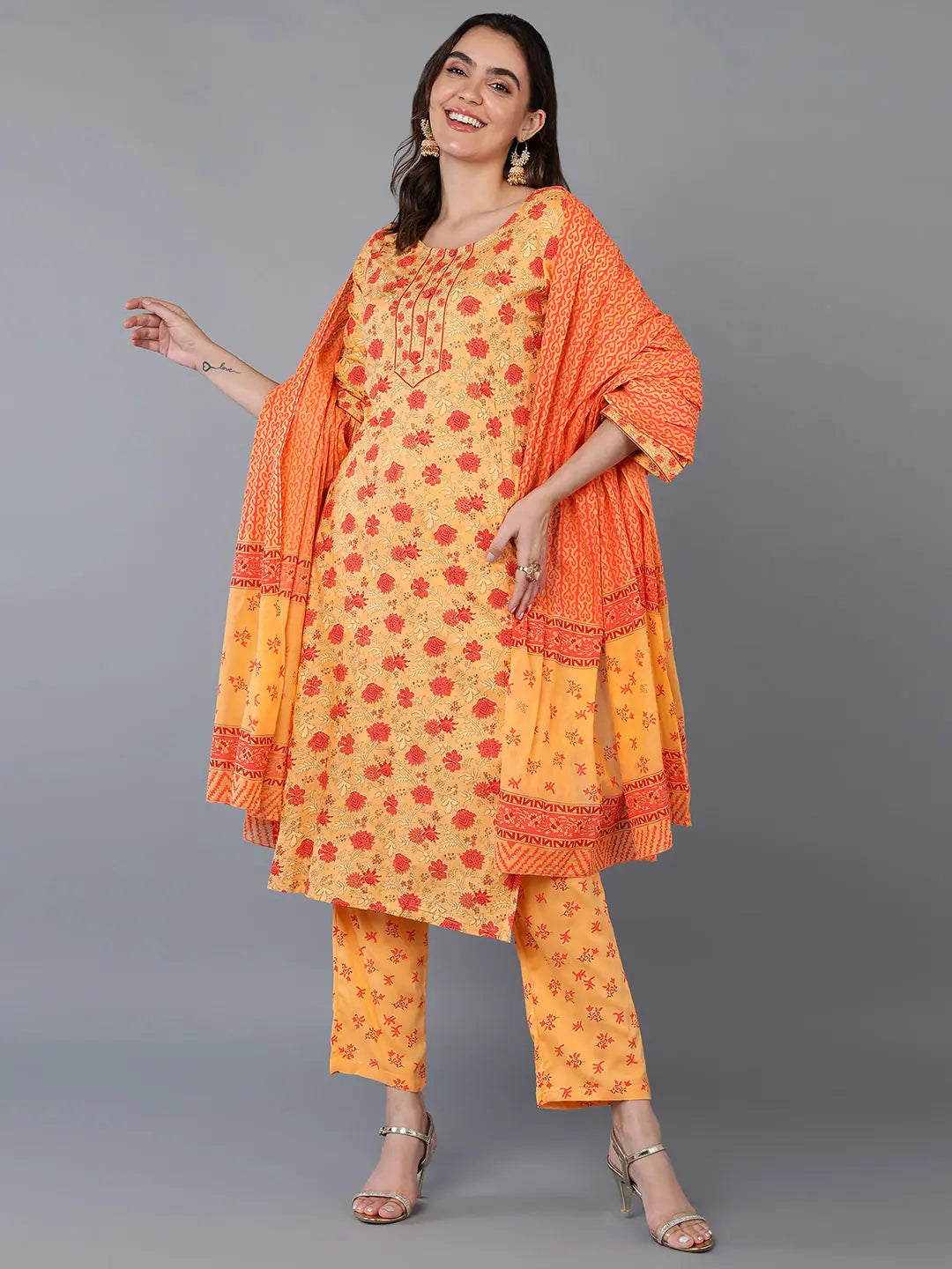 Cotton Orange Geometric Printed Straight Kurta Palazzo