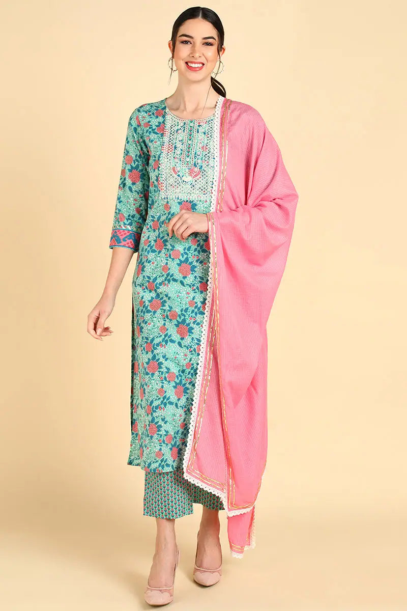 Ahika Cotton Floral Printed Kurta Trousers With-VKSKD1389_XS