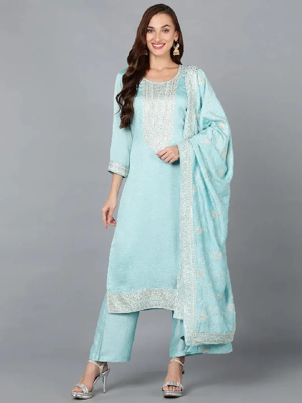 Ice Blue Silk Blend Embroidered Festive wear