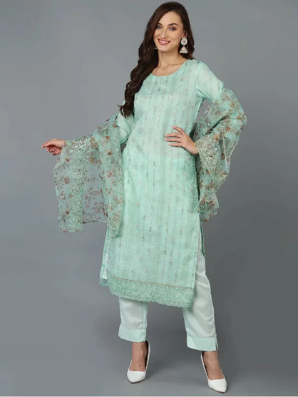 Ahika Women Organza Embroidered Ethnic Kurta Trouser