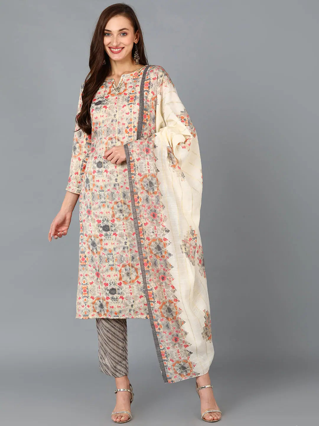 Ahika Women Beige Cotton Blend Ethnic Motifs