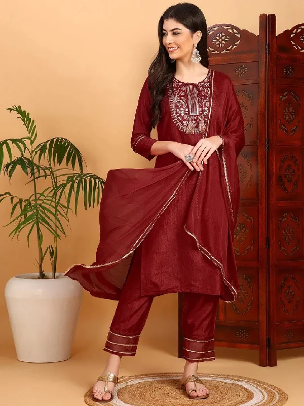 Ahika Women Silk Blend Embroidered Kurta Trouser-PKSKD1789_XS