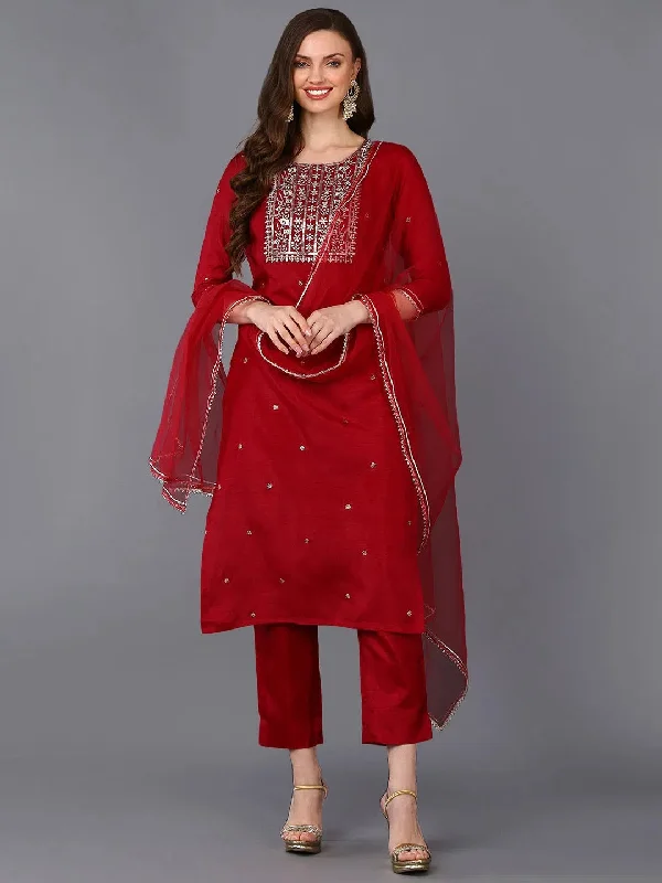 Silk Blend Wine Rogan Work Straight Kurta