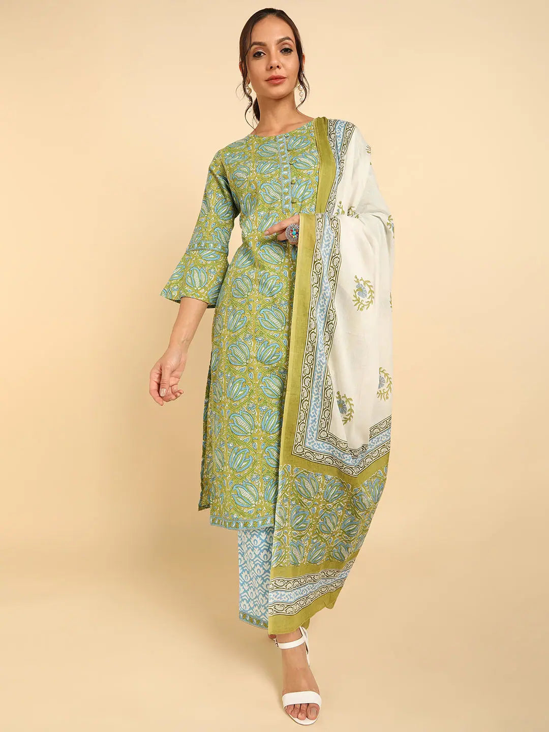 Ahika Cotton Printed Kurta Trousers With Dupatta-VKSKD1266A_S