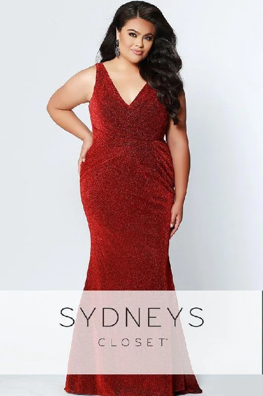 TightexecutionSydneys Closet Long Shimmery Sleeveless V-Neck Plus Size Prom Dress