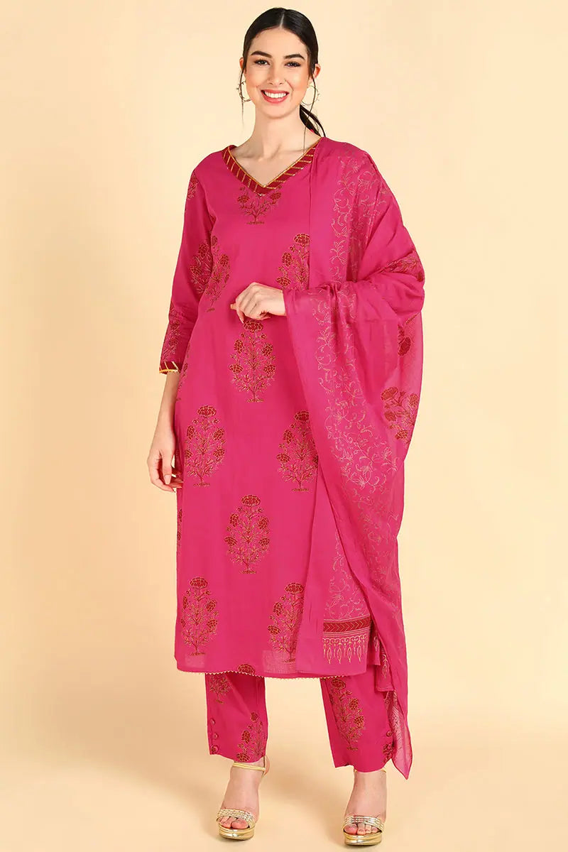 Ahika Pure Cotton Printed Kurta Pant Dupatta-VKSKD1056AB_S