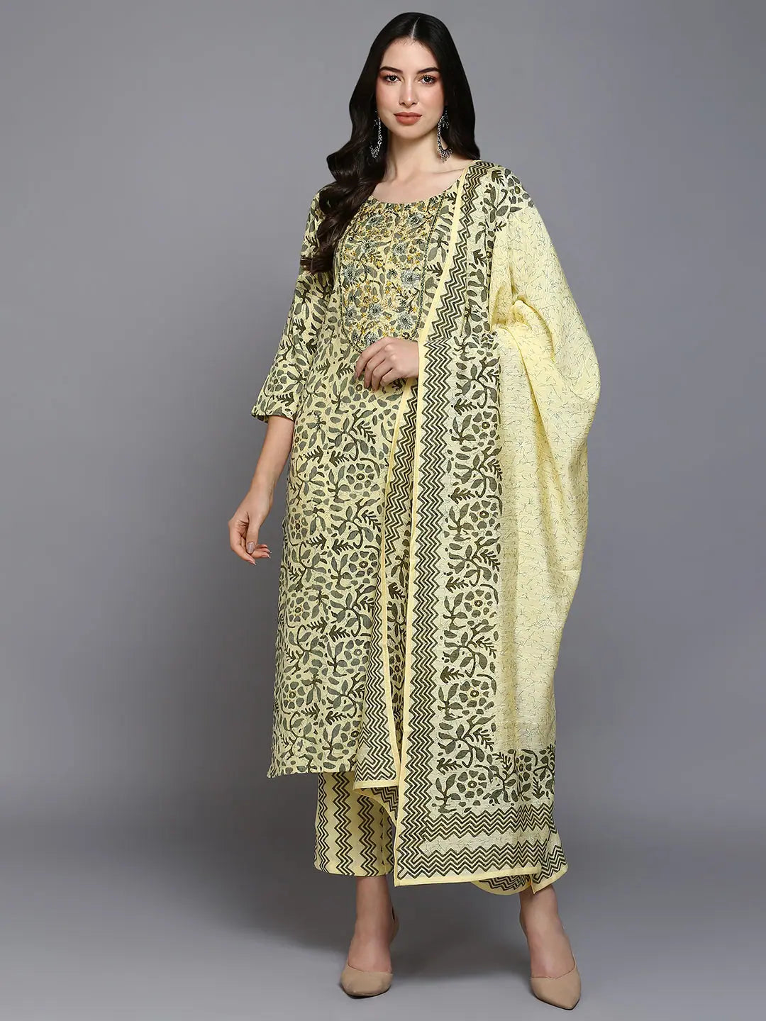 Silk Blend Yellow Printed Straight Kurta Pant-VKSKD1865_XS