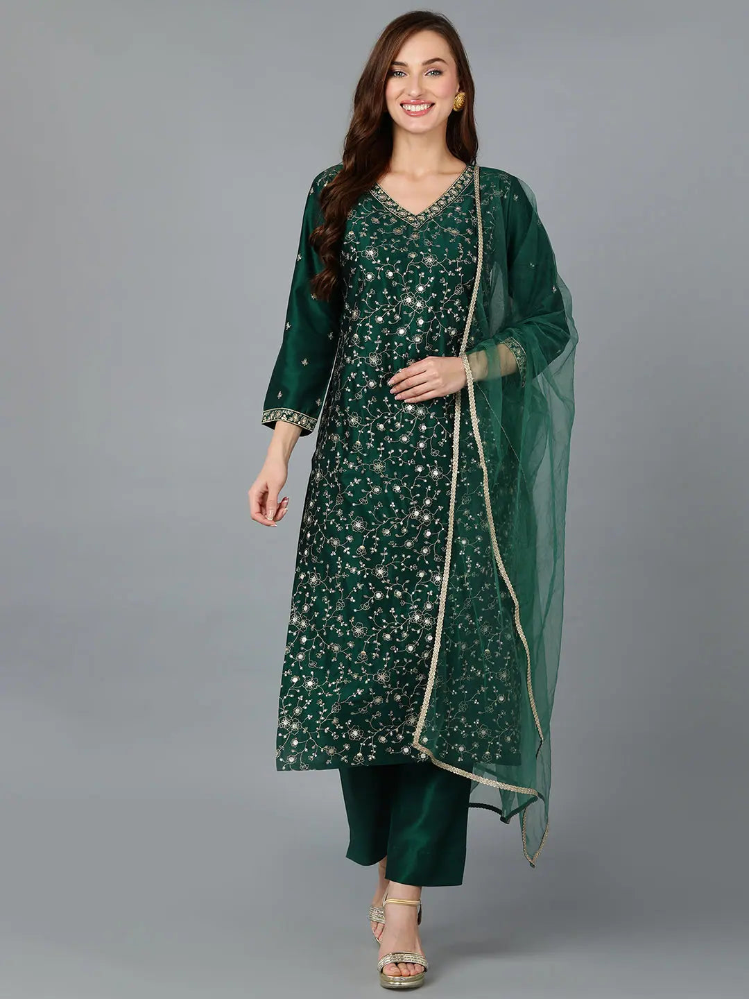 Dark Green Silk Blend Embroidered Party wear-VKSKD1754_XS