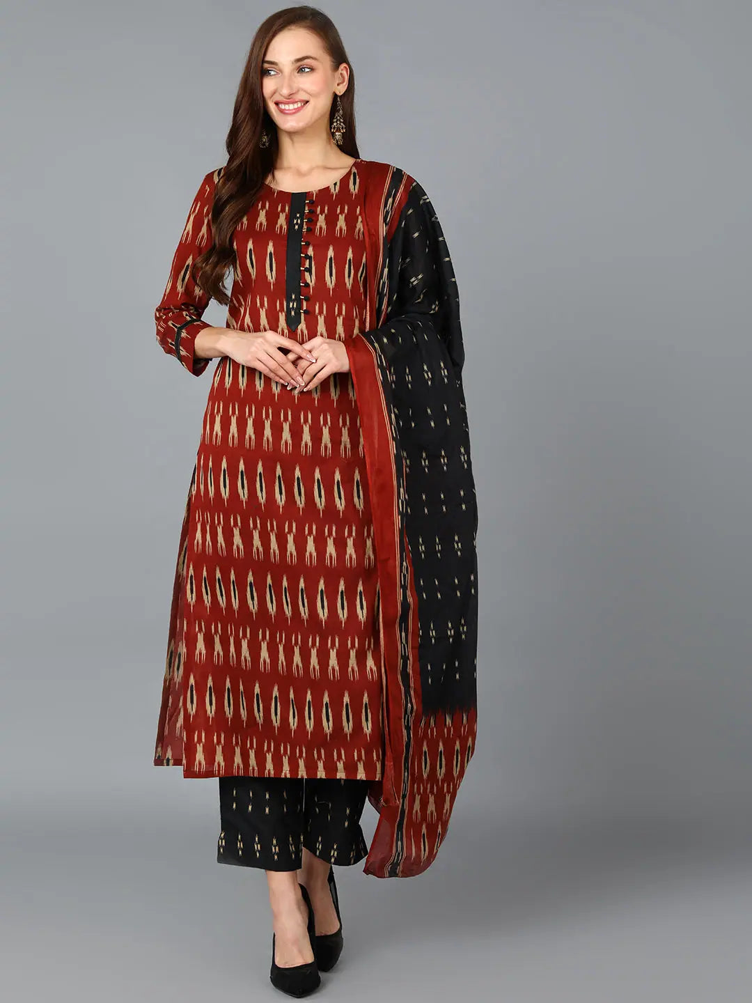 Ahika Women Brown Cotton Blend Ethnic Motifs