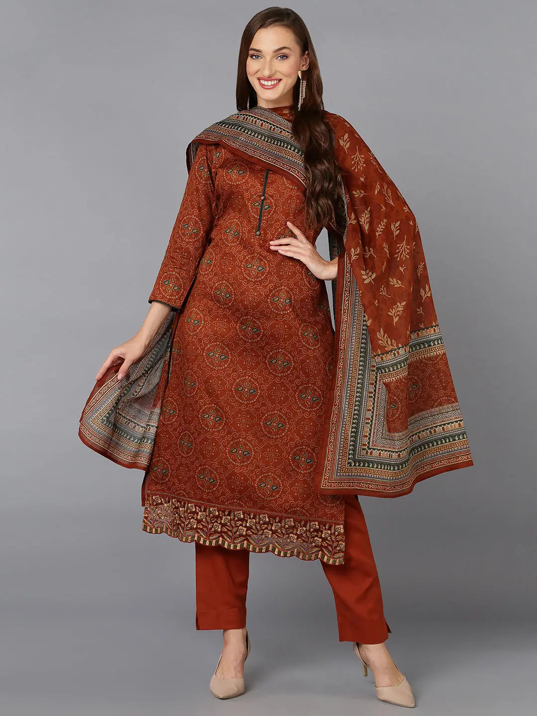 Burnt-Orange Cotton Straight Kurta Pant With Dupatta-VKSKD1797A_XS