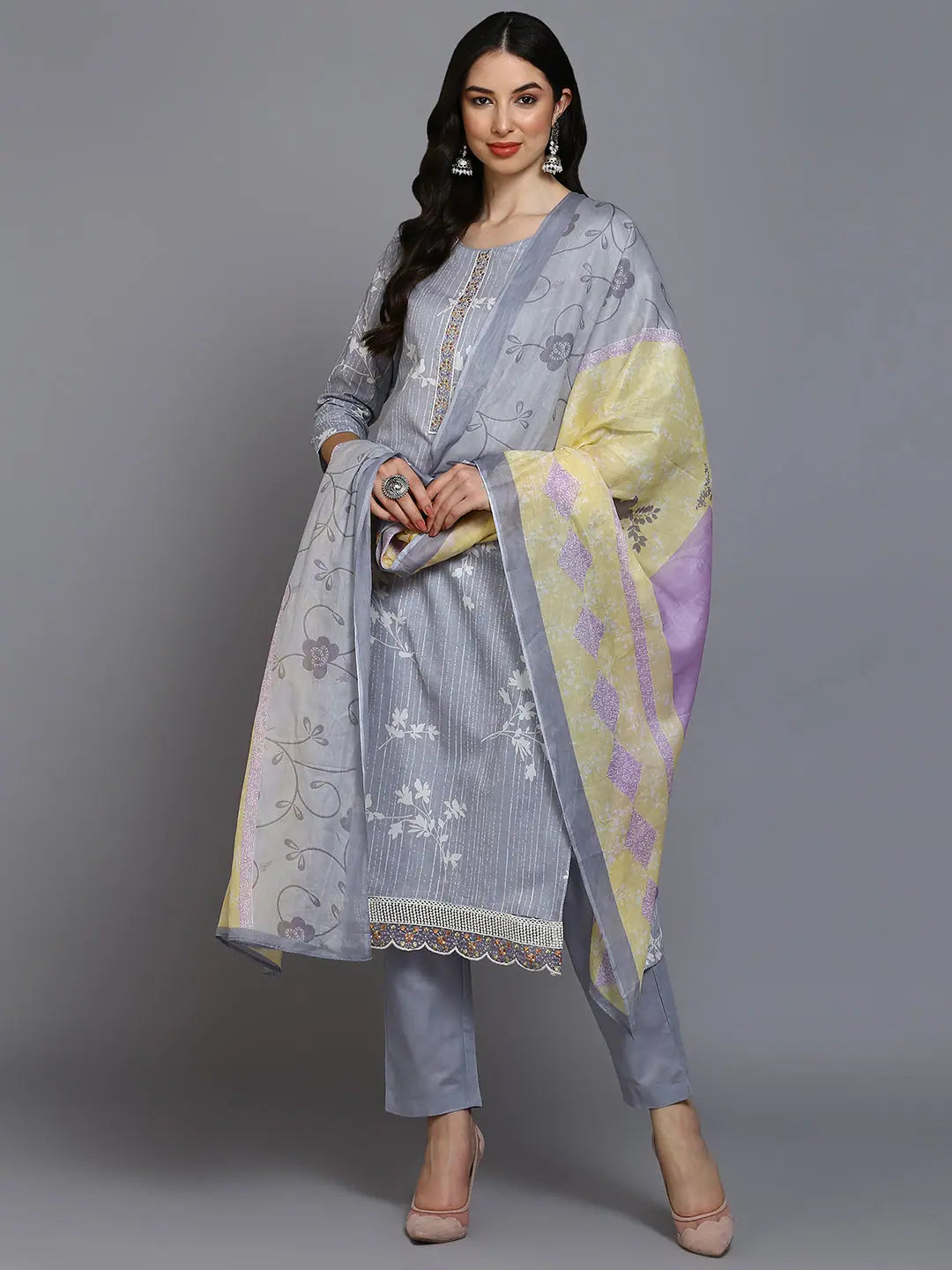 Cotton Blend Grey Printed Straight Kurta Pant