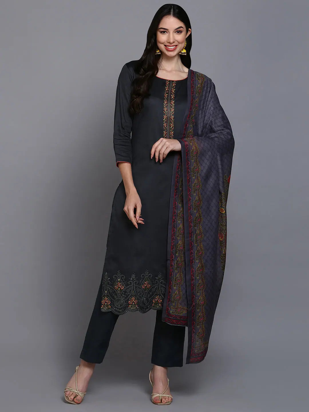 Cotton Grey Embroidered Straight Kurta Pant With-VKSKD1940_XS