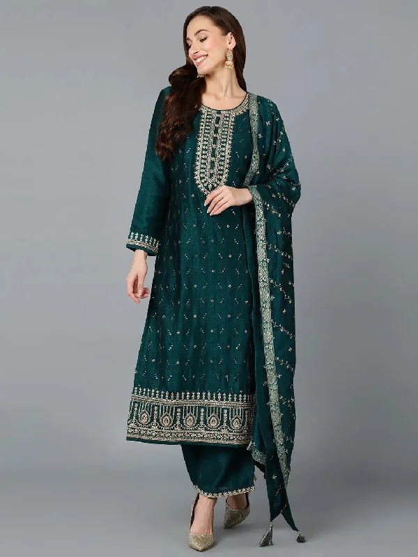 Green Silk Blend Embroidered Straight Suit Set-PKSKD1818_XS