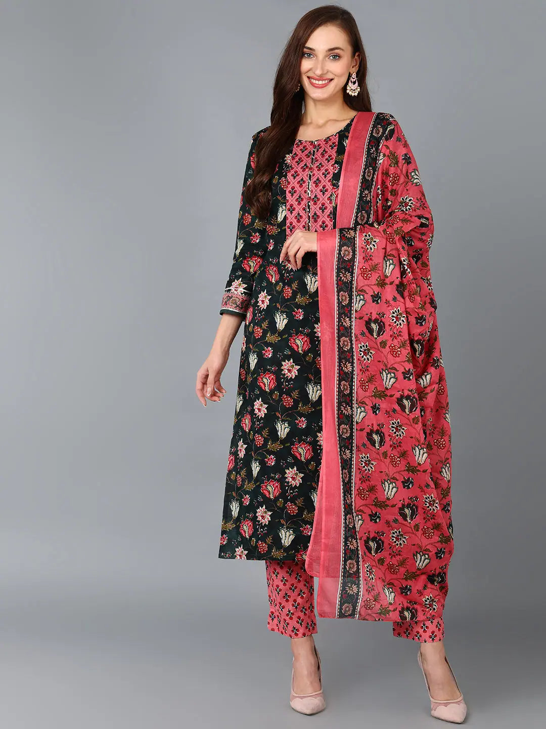 Ahika Women Black Cotton Blend Floral Printed-VKSKD1233A_XS