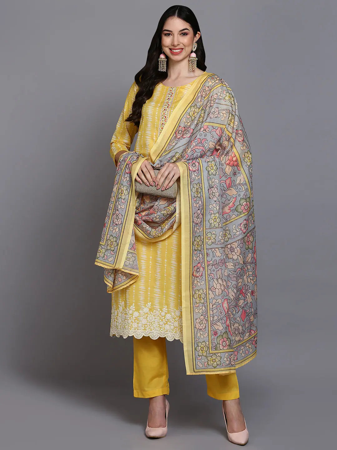 Cotton Yellow Printed Straight Kurta Pant With-VKSKD1911_XS