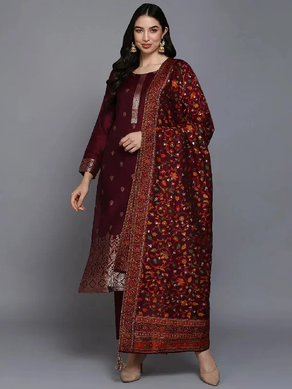 Silk Blend Wine Jacquard Straight Kurta Pant