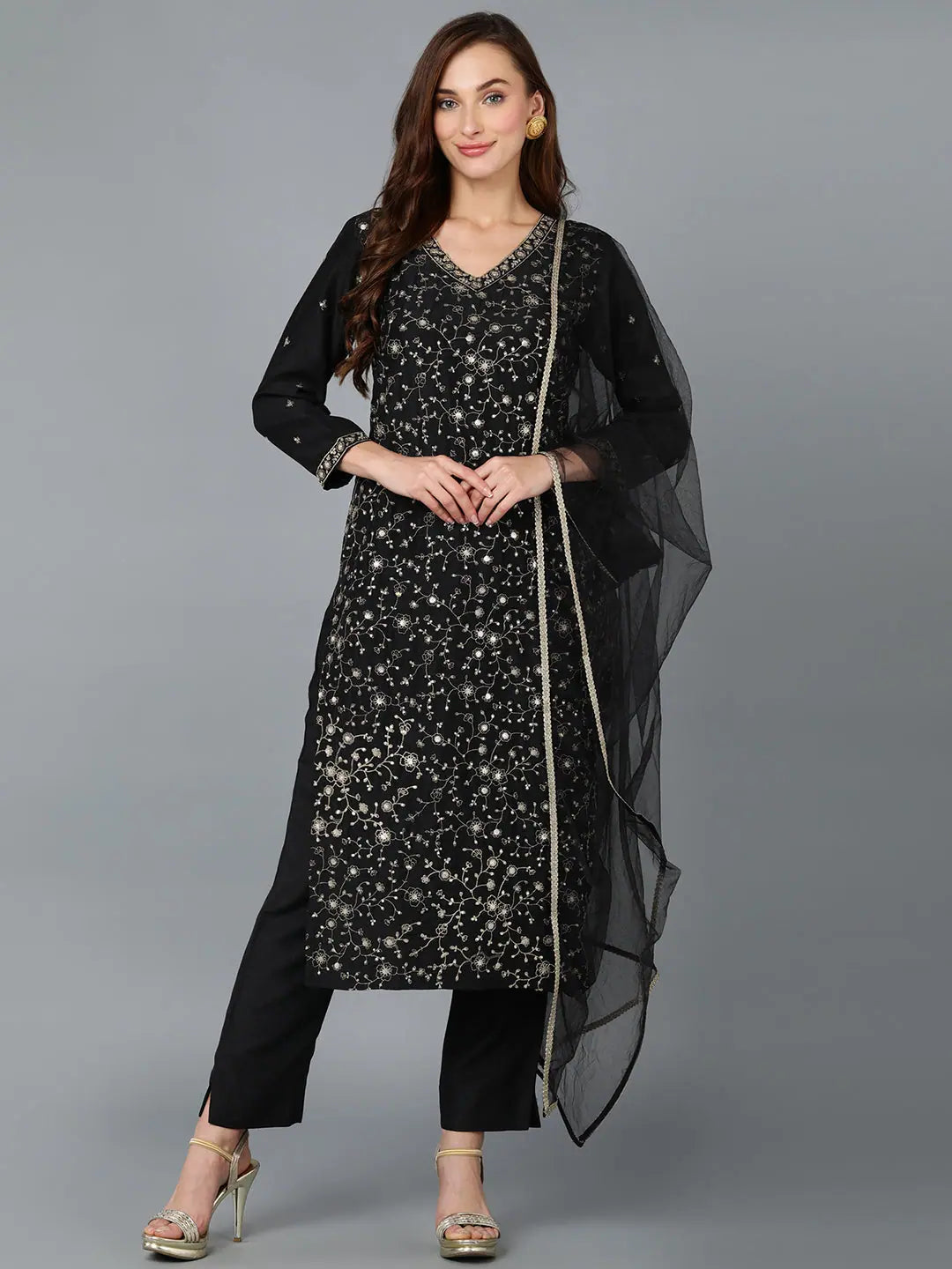 Black Silk Blend Embroidered Party wear Suit-VKSKD1755_XS