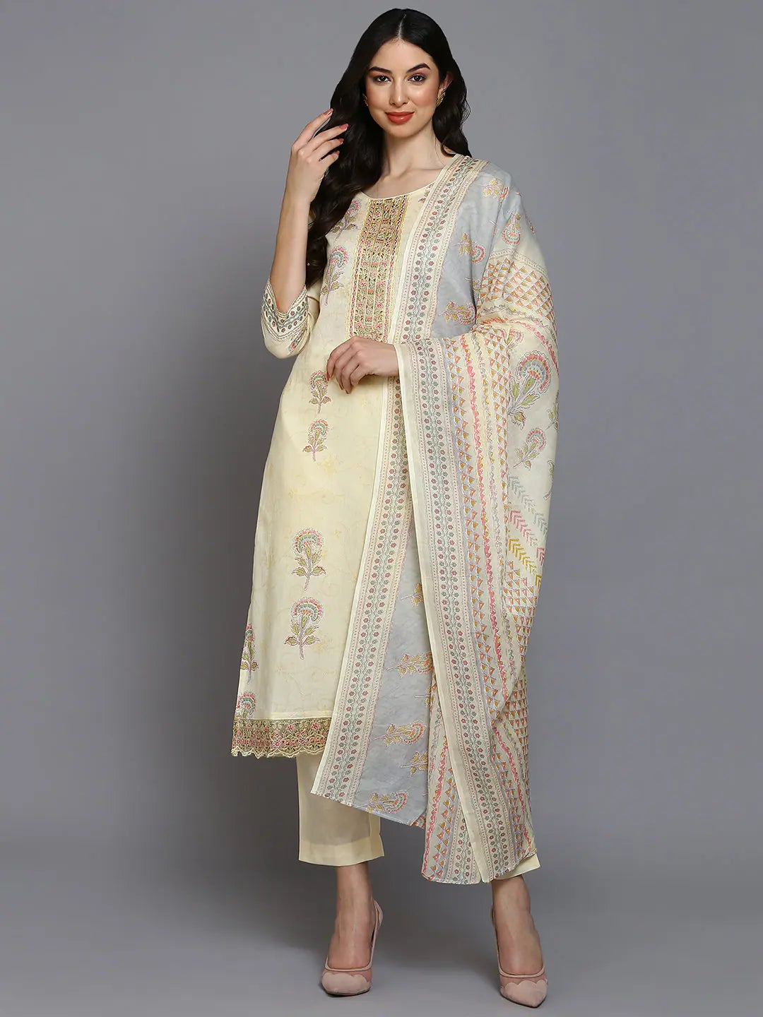 Cotton Blend Lemon Yellow Printed Straight Kurta