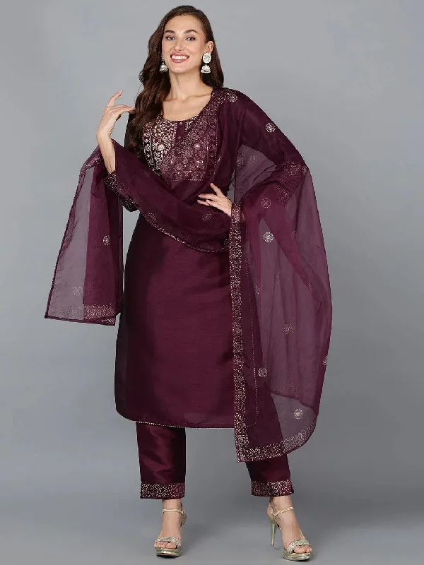 Purple Silk Blend Embroidered Party wear Suit-PKSKD1937_XS