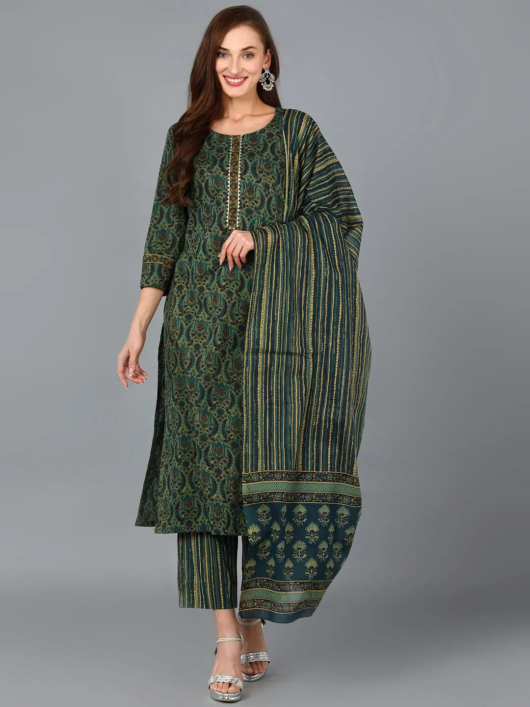 Ahika Women Green Cotton Blend Ethnic Motifs