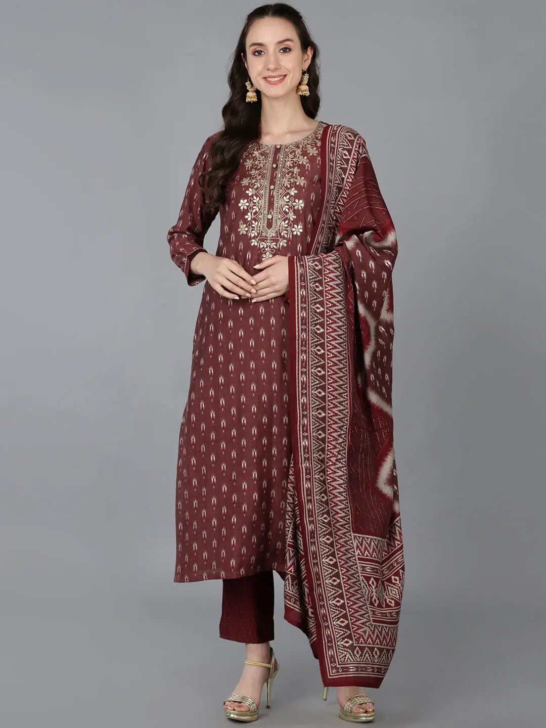 Ahika Women Silk Blend Embroidered Ikat Printed