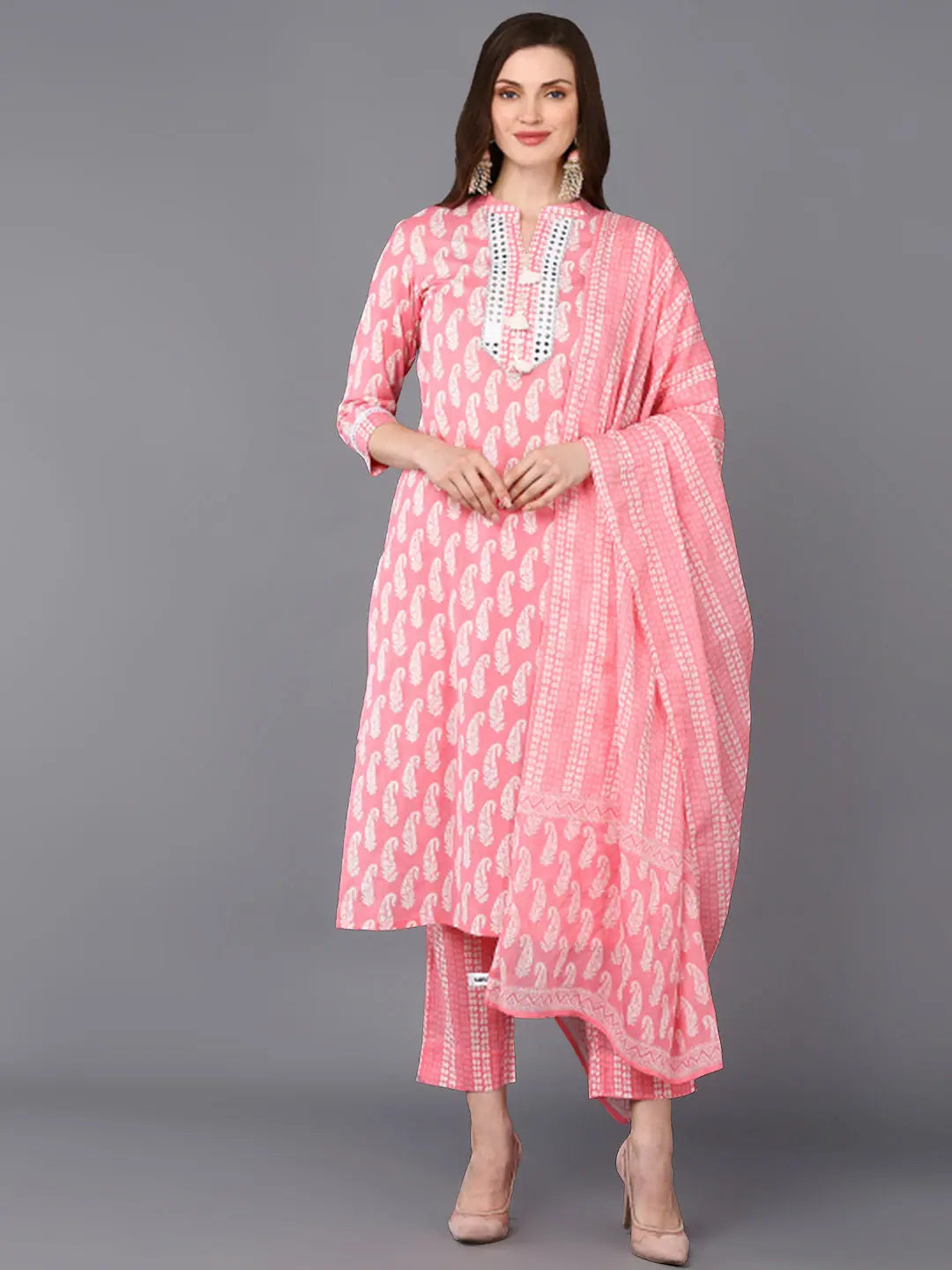 Cotton Pink Printed Straight Kurta Pant With-VKSKD1851_XS