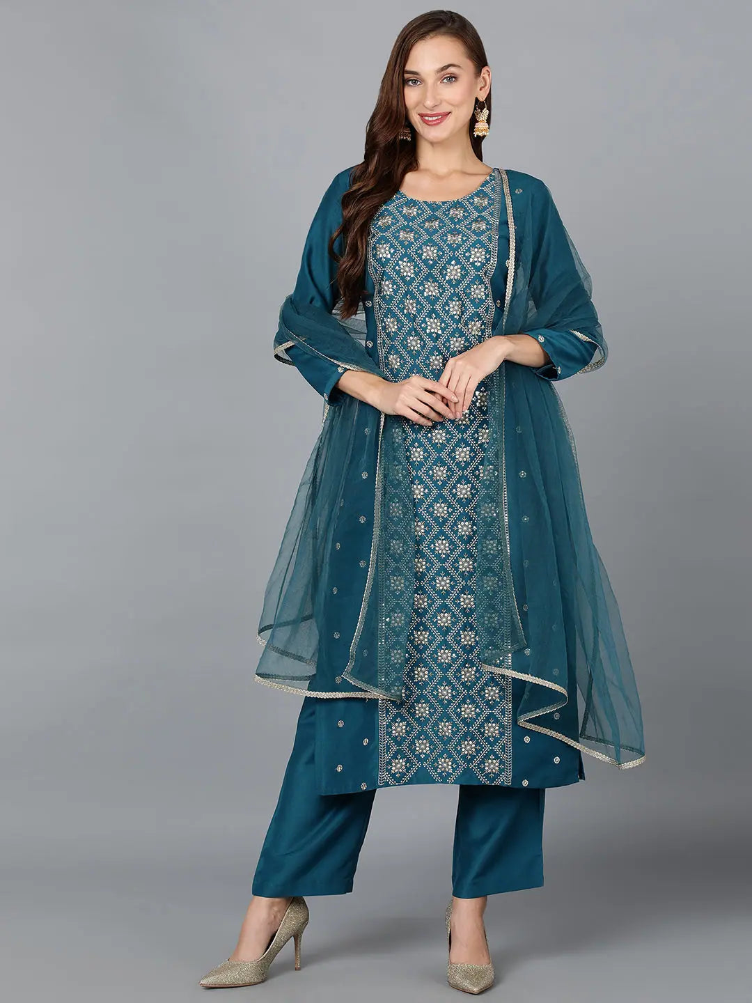 Silk Blend Ocean Blue Festive wear Suit