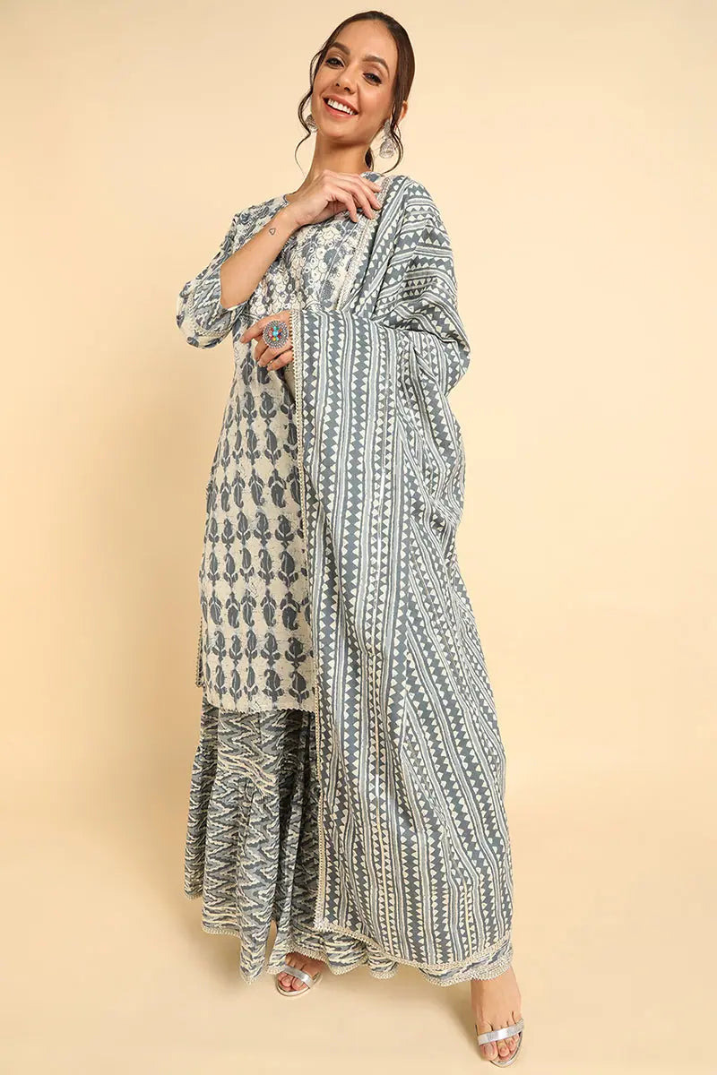 Ahika Cotton Printed Kurta Sharara With Dupatta-VKSKD1381_S