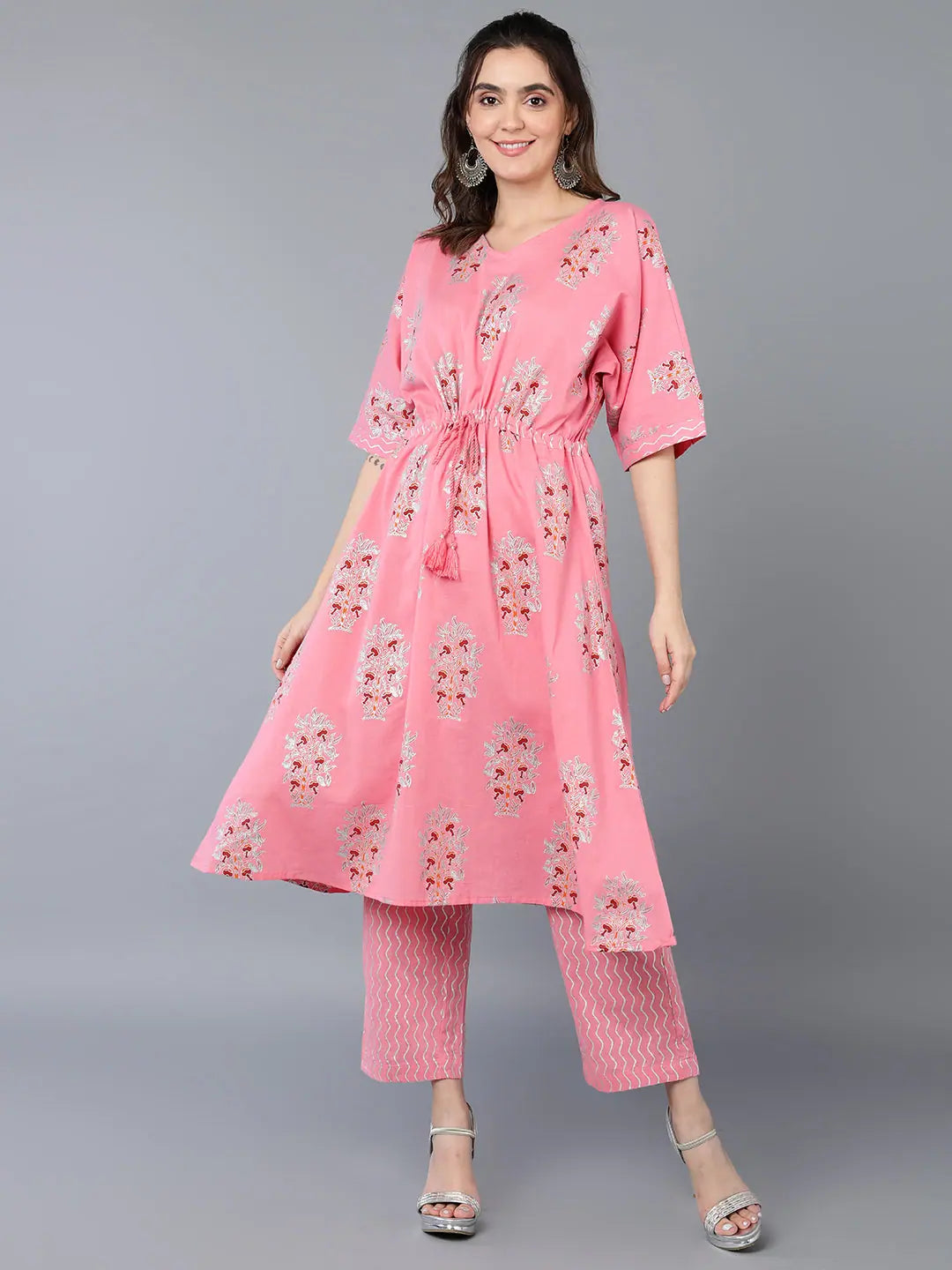 Cotton Pink Floral Printed Kaftan With Pant