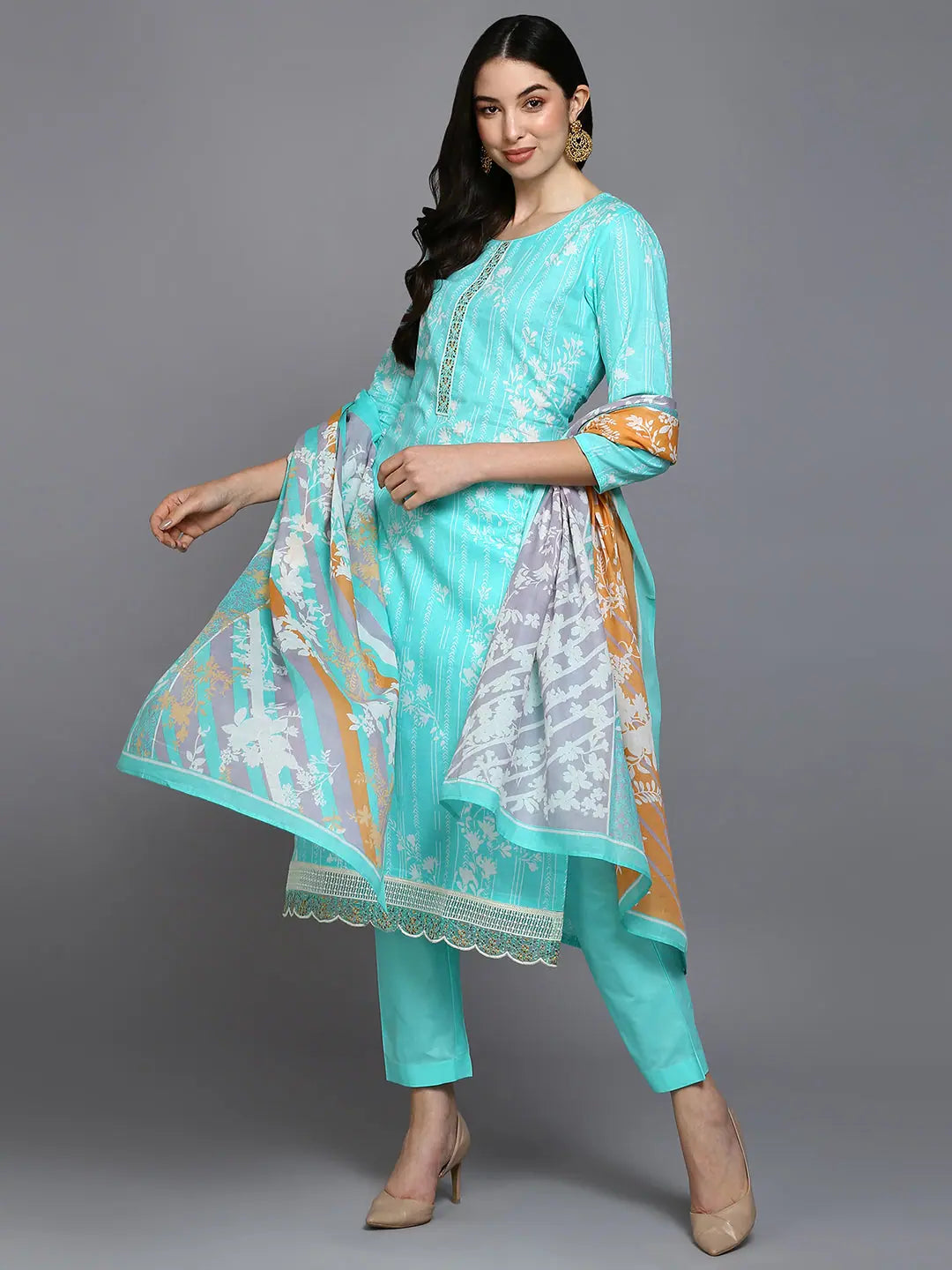 Cotton Blend Turquoise Blue Printed Straight Kurta