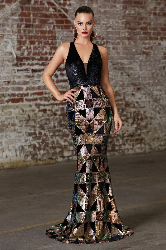 TightperformanceCinderella Divine B60217 Long Formal Halter Fitted Geometric Print Prom Gown