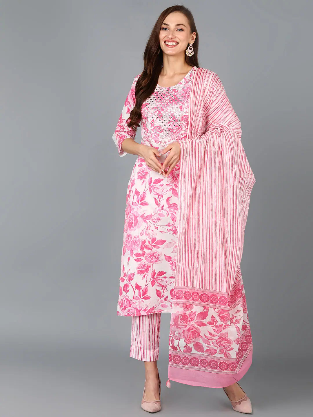 Ahika Women White Cotton Blend Floral Printed-VKSKD1489A_S