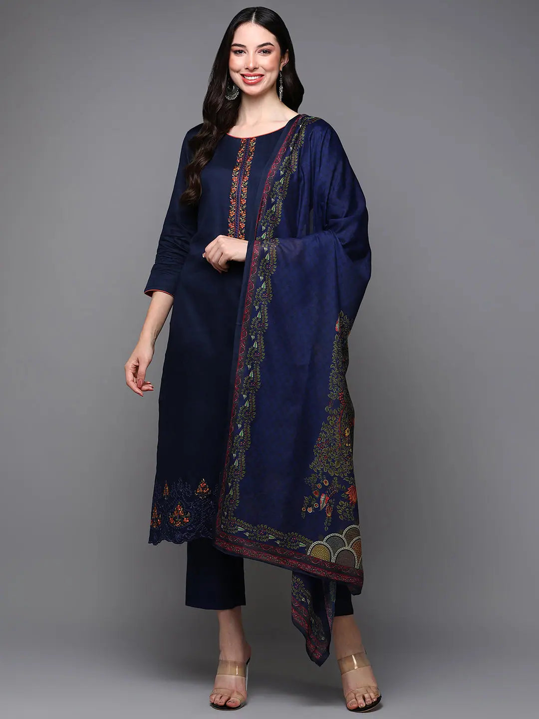 Cotton Navy Blue Embroidered Straight Kurta Pant