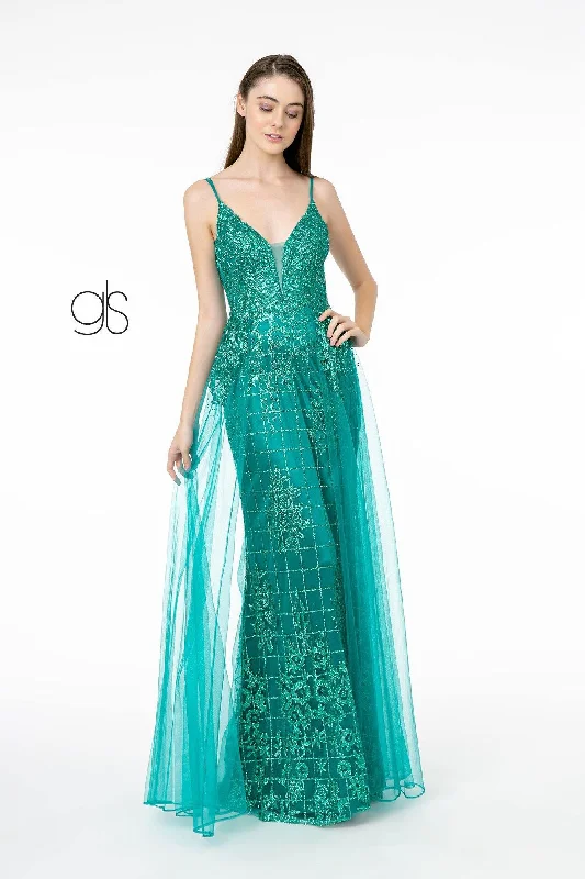 TighterGlitter Mesh Illusion Deep V-Neck Long Prom Dress Sale