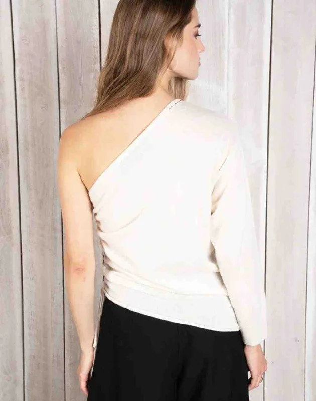 V-Neck Knit TopsCashmere Brigette Sweater with One Shoulder and Drawstring on Side