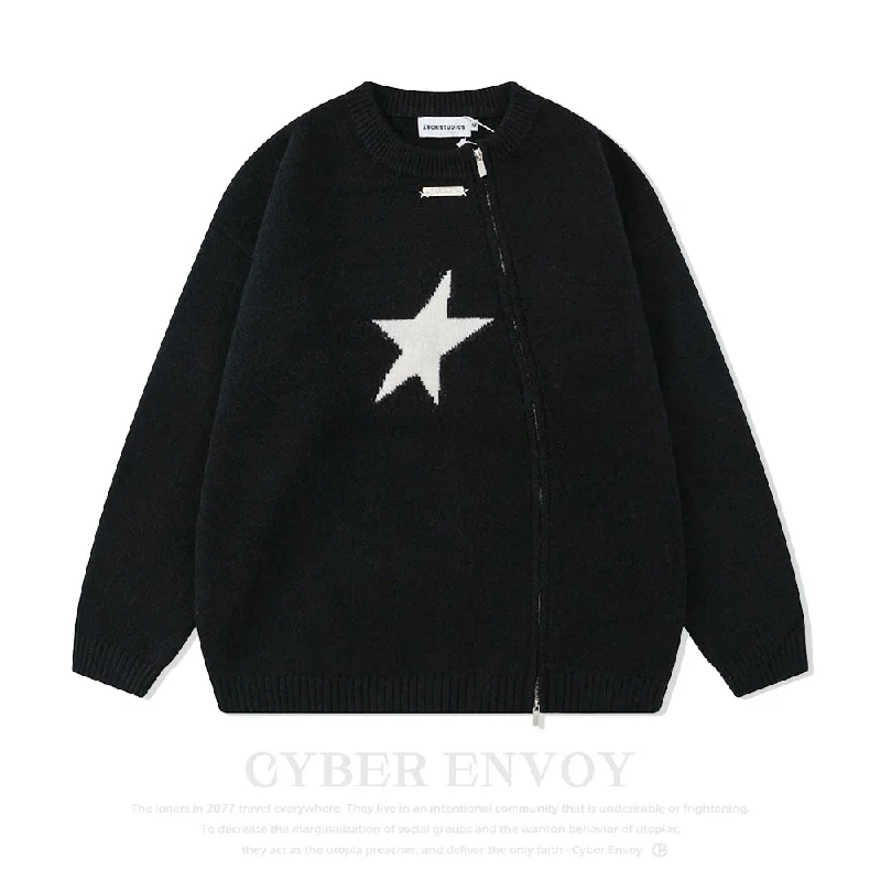 Painted Knit TopsCyber Envoy | Solid Color Star Zipper  Pullover Sweater