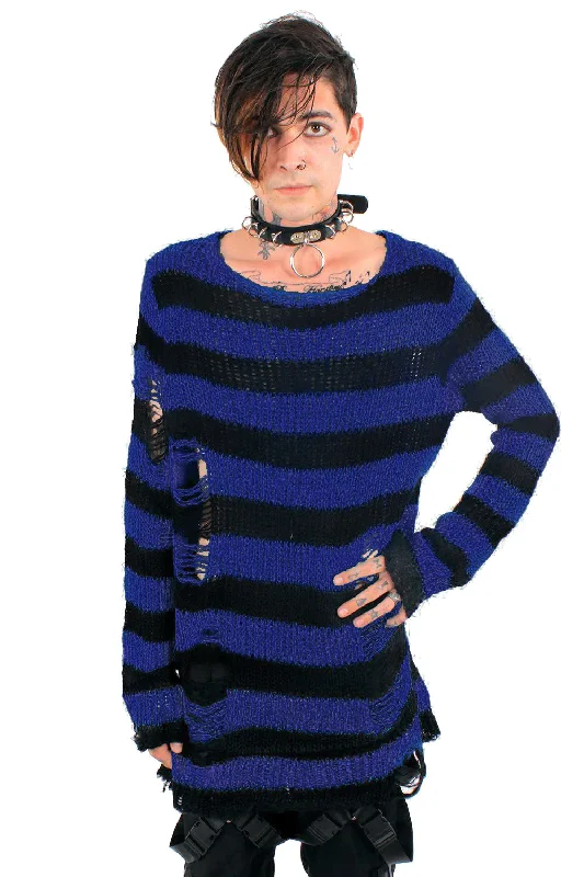 Retro Knit TopsMidnight Blue/Black Striped Distressed Sweater