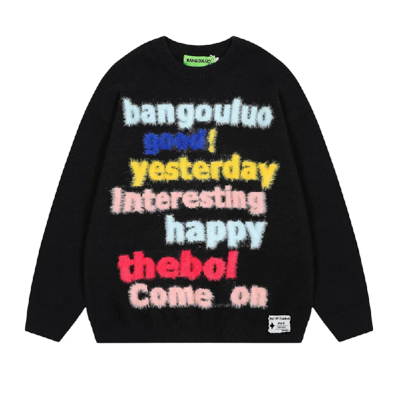 Studded Knit TopsOOC' 3D Colorful Letter Print Loose Sweater