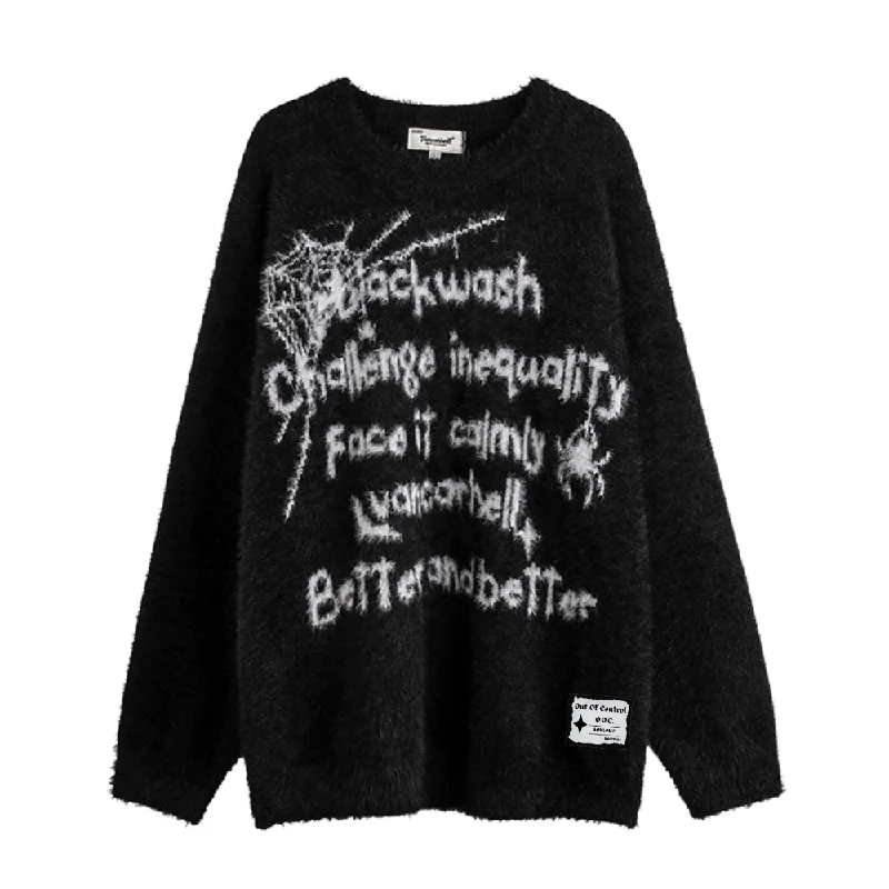 Button-Up Knit TopsOOC' Casual Spider Lettering Knitted Sweater