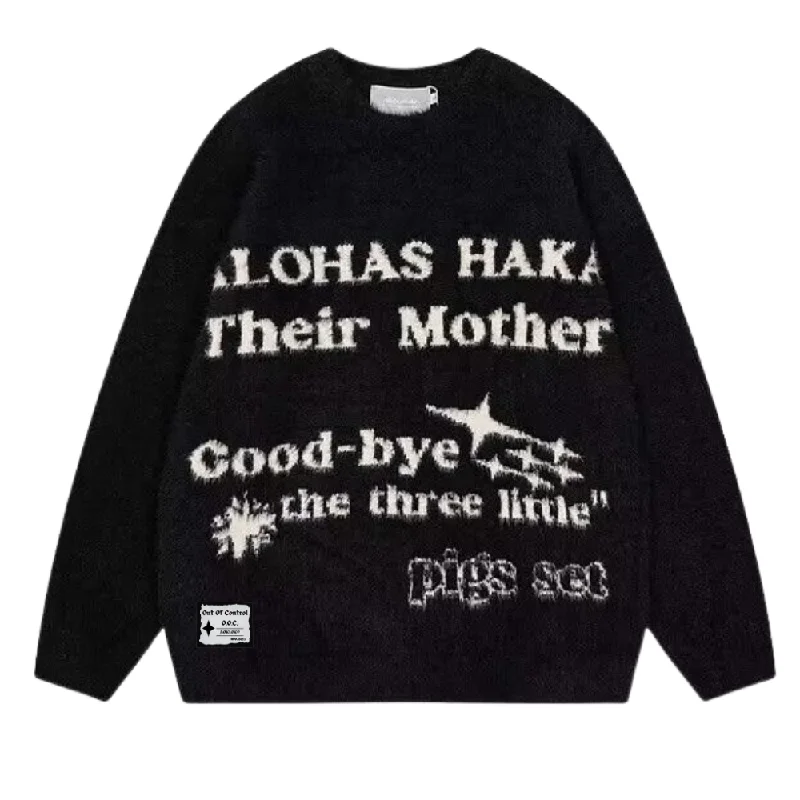 Boat Neck Knit TopsOOC' Vintage Jacquard Mohair Lettering Sweater