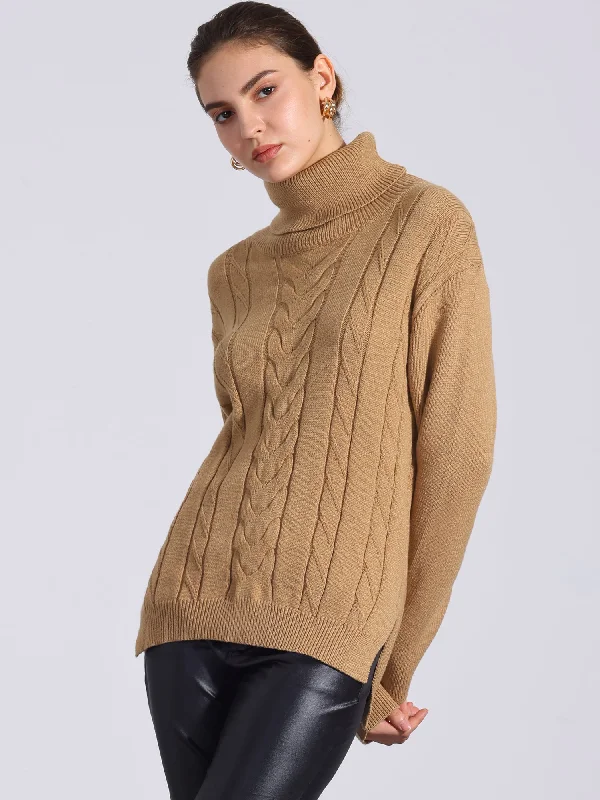 Performance Knit TopsCable Knit High Low Split Long Sleeve Turtle Neck Jumpers Sweaters