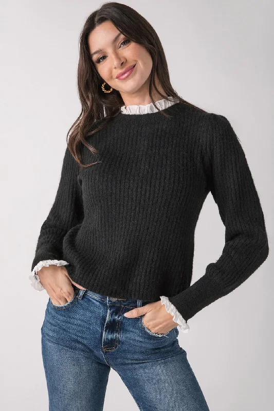 Pocketed Knit TopsPinch Knit Combo Ruffle Neck Sweater