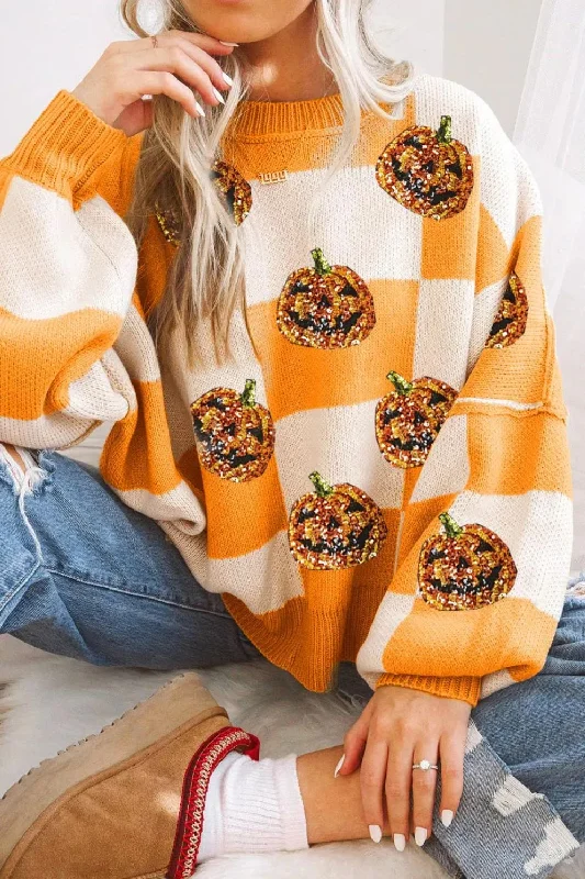 Lounge Knit TopsPumpkin Checkered Round Neck Long Sleeve Sweater