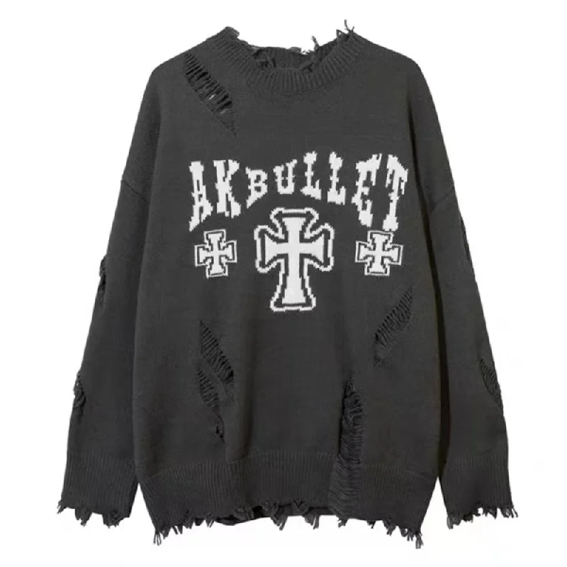 Polyester Knit TopsRipped Cross Lettering Knit Sweater