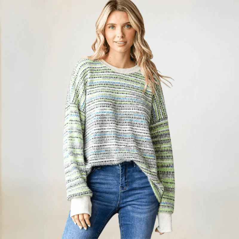 Embellished Knit TopsFuzzy Soft Striped Sweater Made in USA