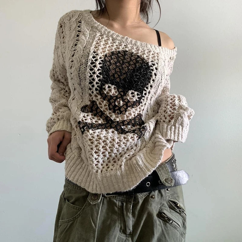 Asymmetrical Knit TopsSkull Print Hollow Out Long Sleeve Knitted Sweater