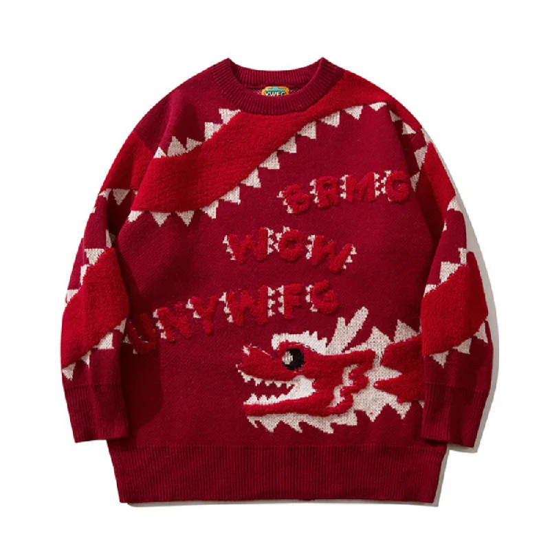 Retro Knit TopsSolid Color Flocked Dragon Sweater